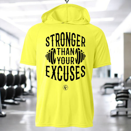 Safety-yellow Stronger Than Your Excuses Hooded Performance Tee - motivational streetwear apparel by Lamir Collection