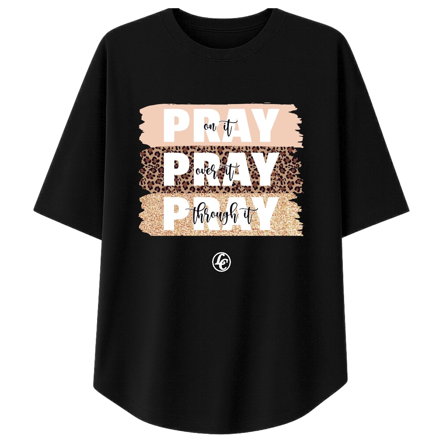Black t-shirt with 'PRAY' text design on a white background