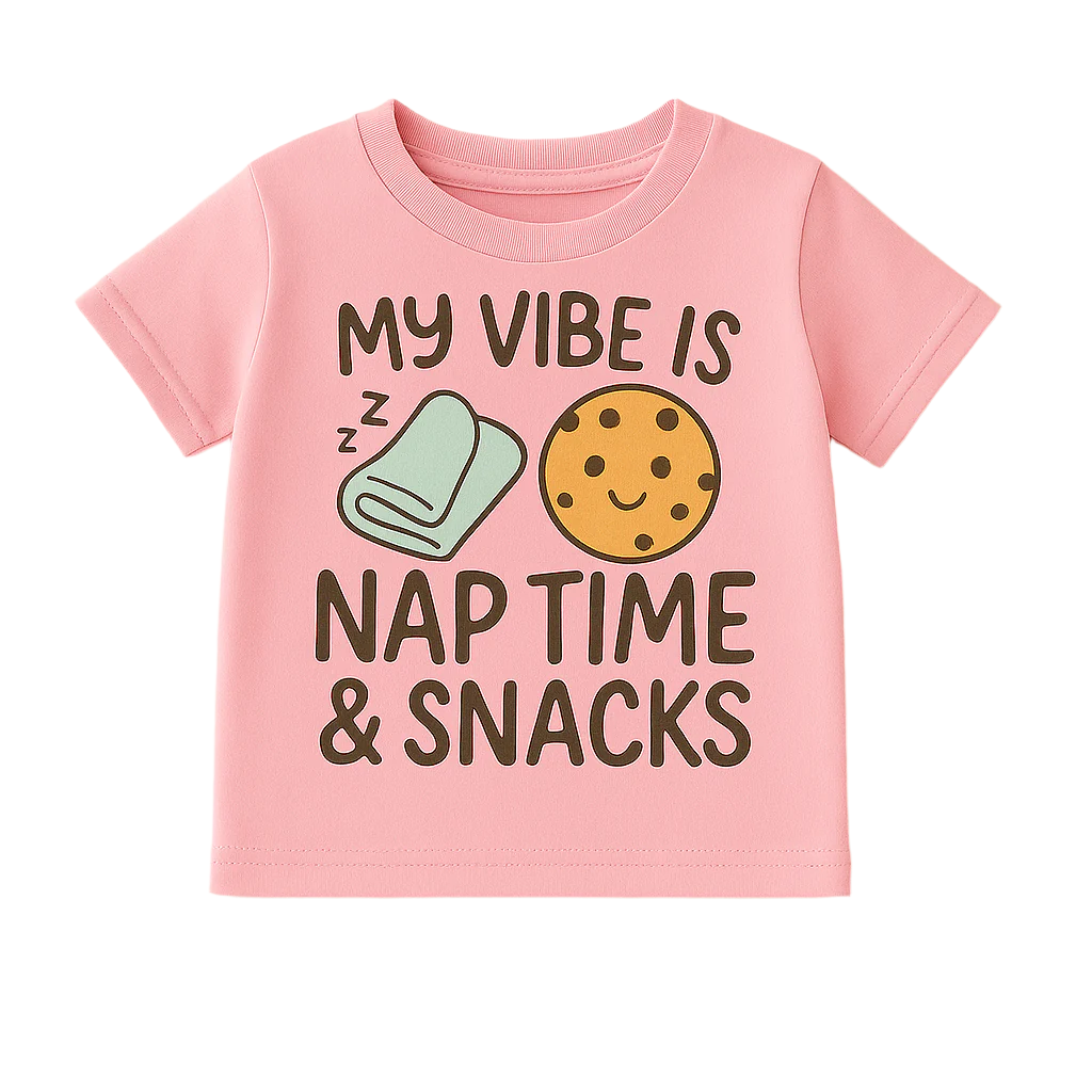 Pink t-shirt with 'My Vibe is Nap Time & Snacks' text and graphics on a beige background