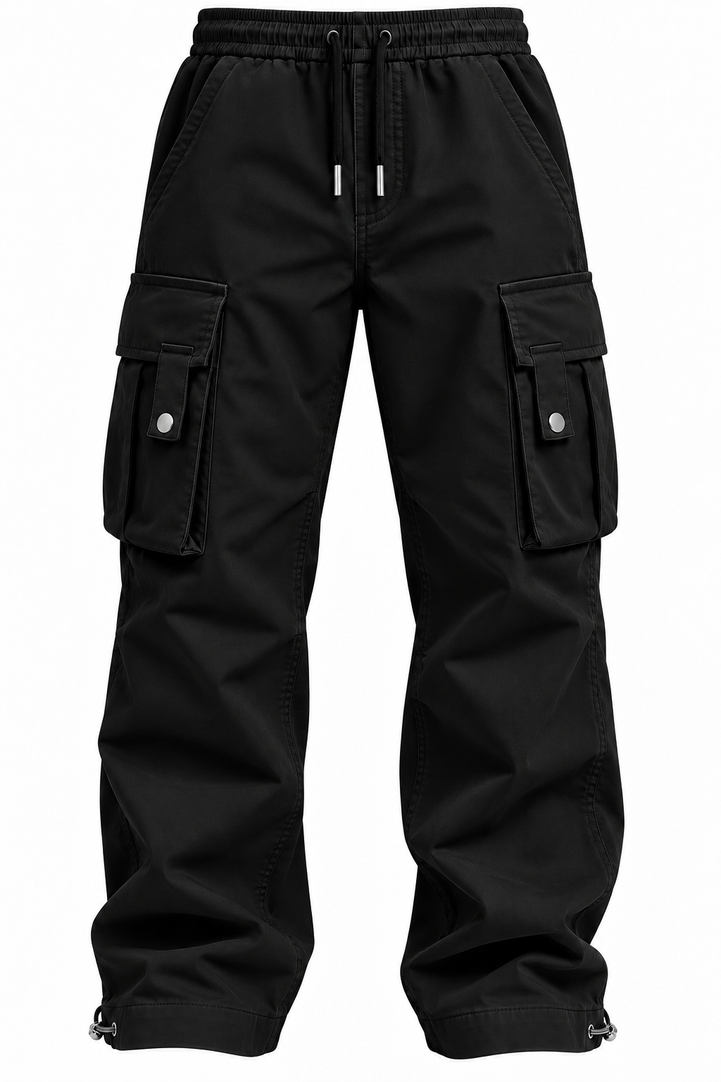 Black cargo pants with an elastic drawstring waist, large side cargo pockets with snap closures, and adjustable cuffs, shown against a plain white background.