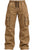 A pair of men's cargo pants in a warm tan or khaki color, featuring an elastic waistband with black drawstrings, large flap cargo pockets on the thighs, and silver-tone metal snap buttons.