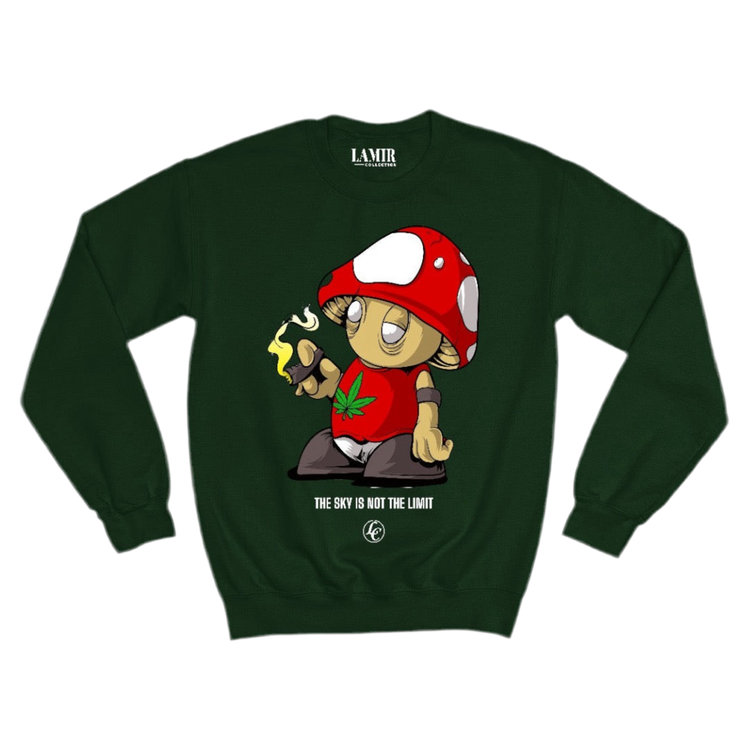Green sweatshirt with a cartoon character wearing a red mushroom hat on a white background