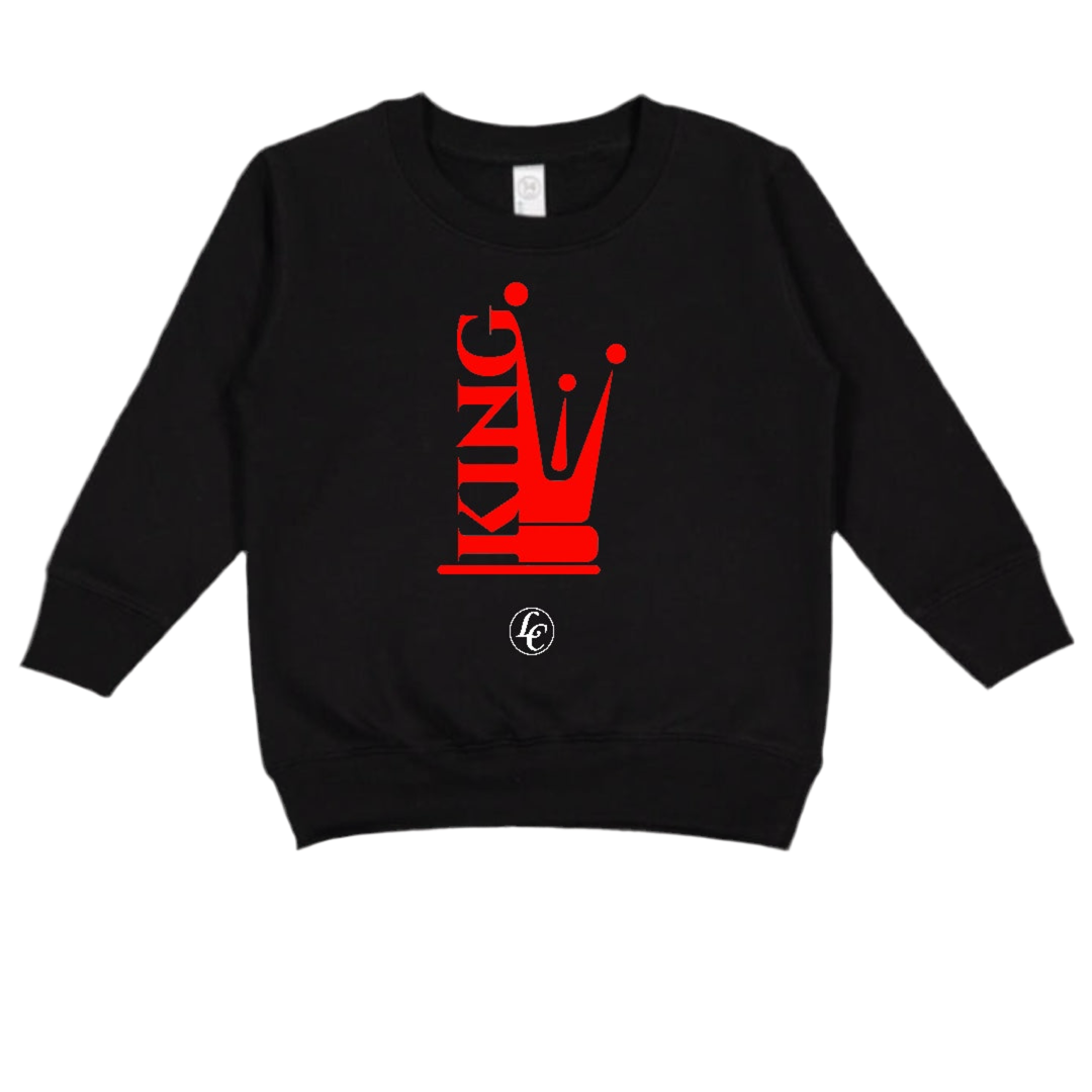 Black sweatshirt with red 'KING' design on a white background