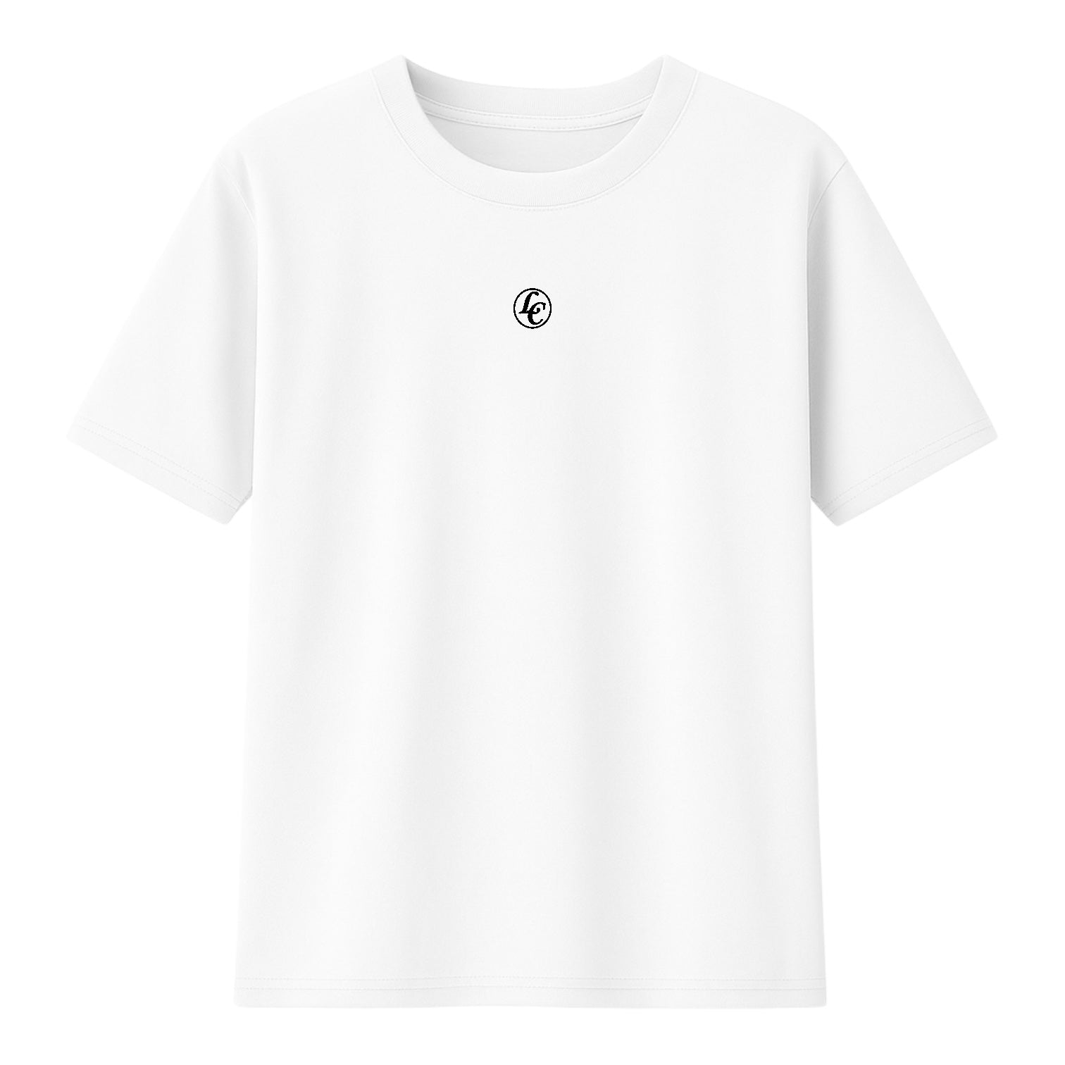 White t-shirt with a small logo on a white background