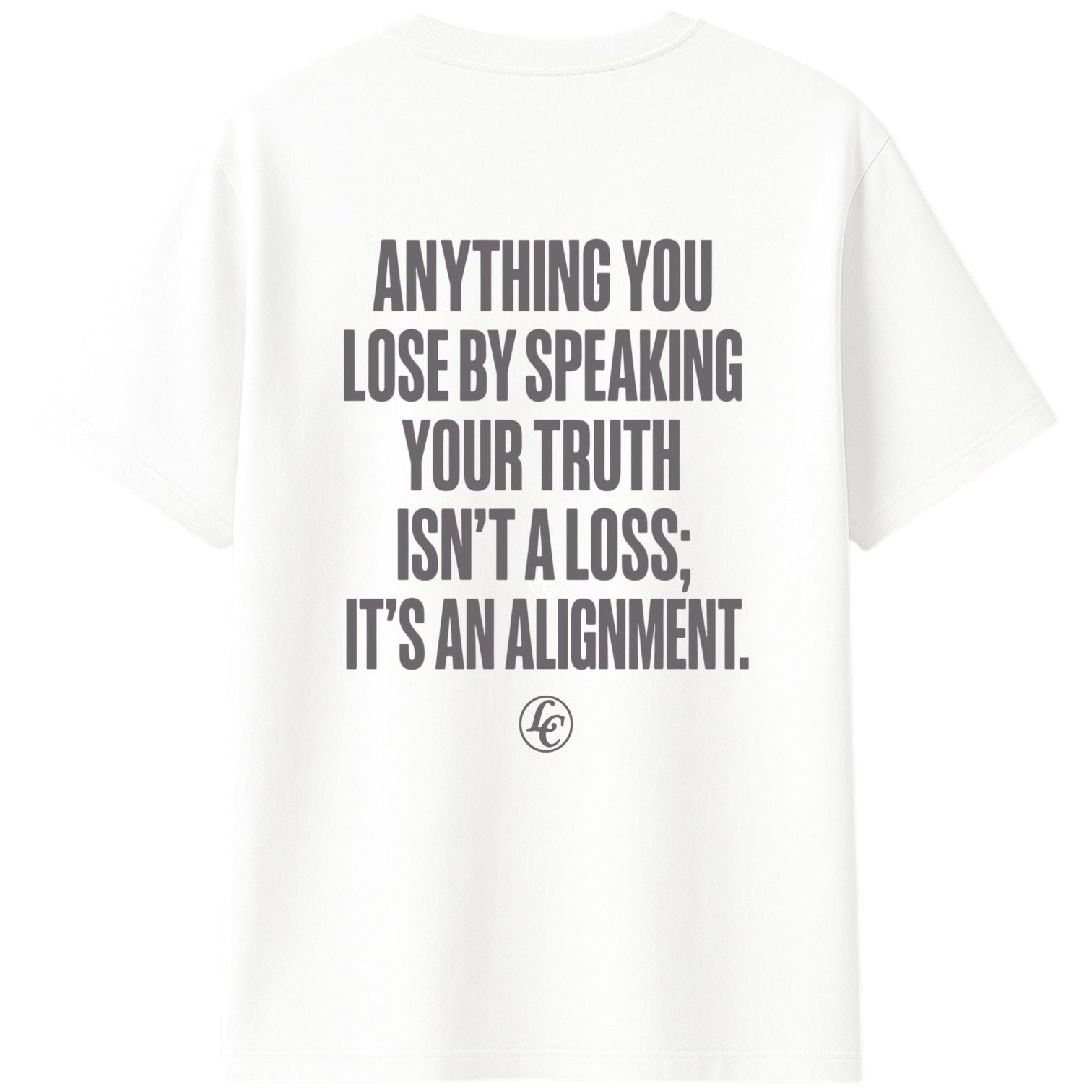 White t-shirt with black text and logo on a white background