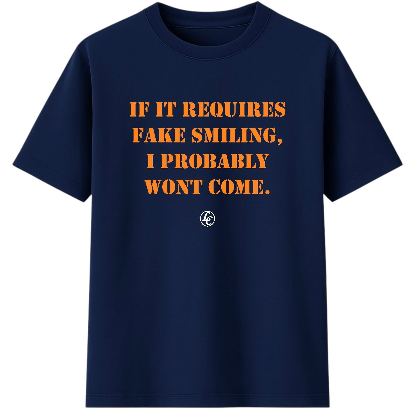 Navy blue t-shirt with orange text on a white background