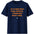 Navy blue t-shirt with orange text on a white background