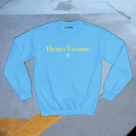 Light Blue Highly Favored Sweatshirt - motivational streetwear apparel by Lamir Collection