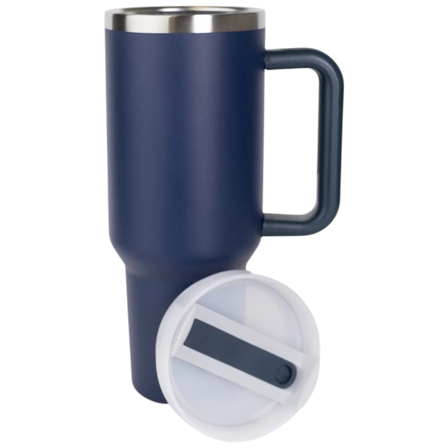 Navy blue travel mug/tumbler with a handle and a clear lid on a white background
