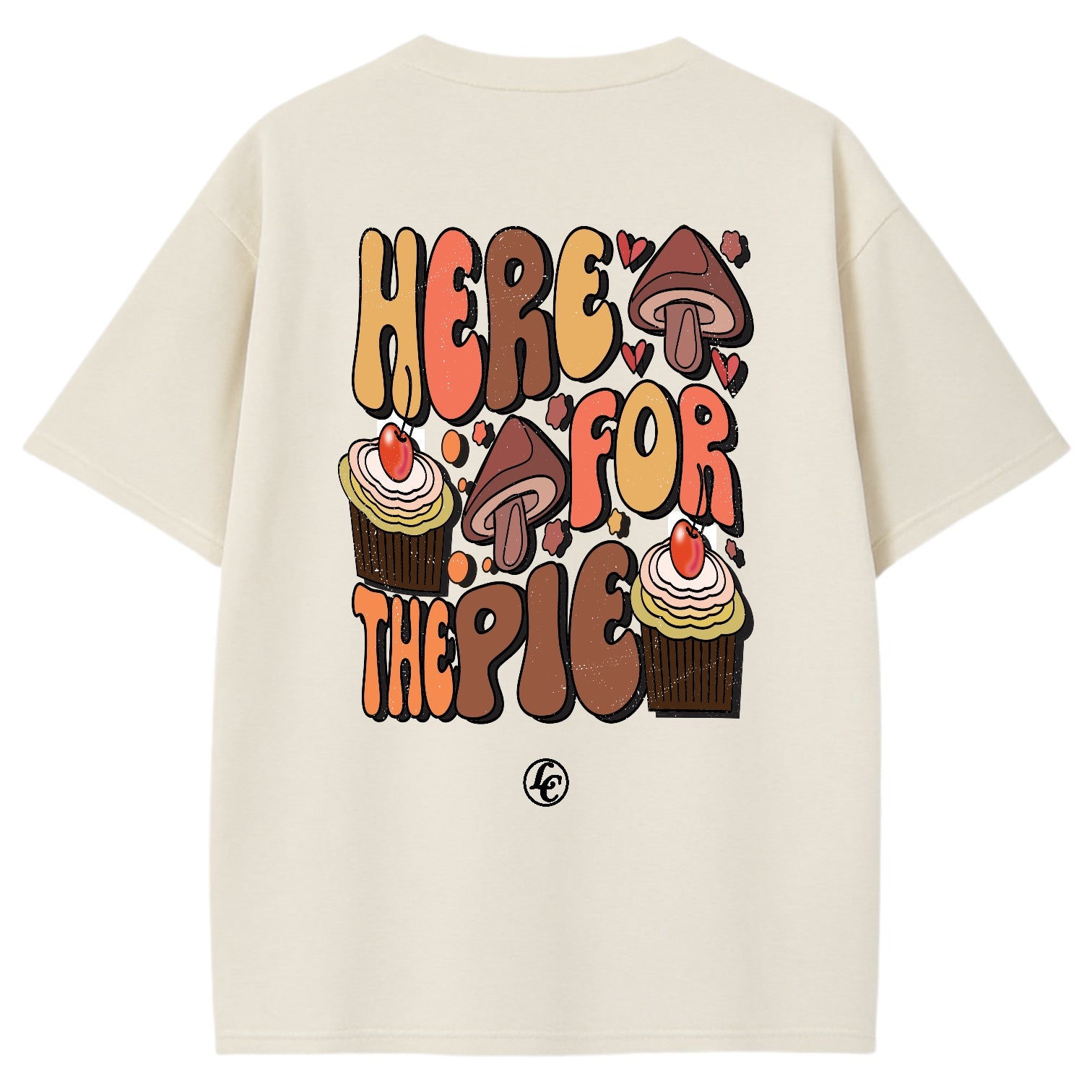 Beige t-shirt with colorful graphic design on the back