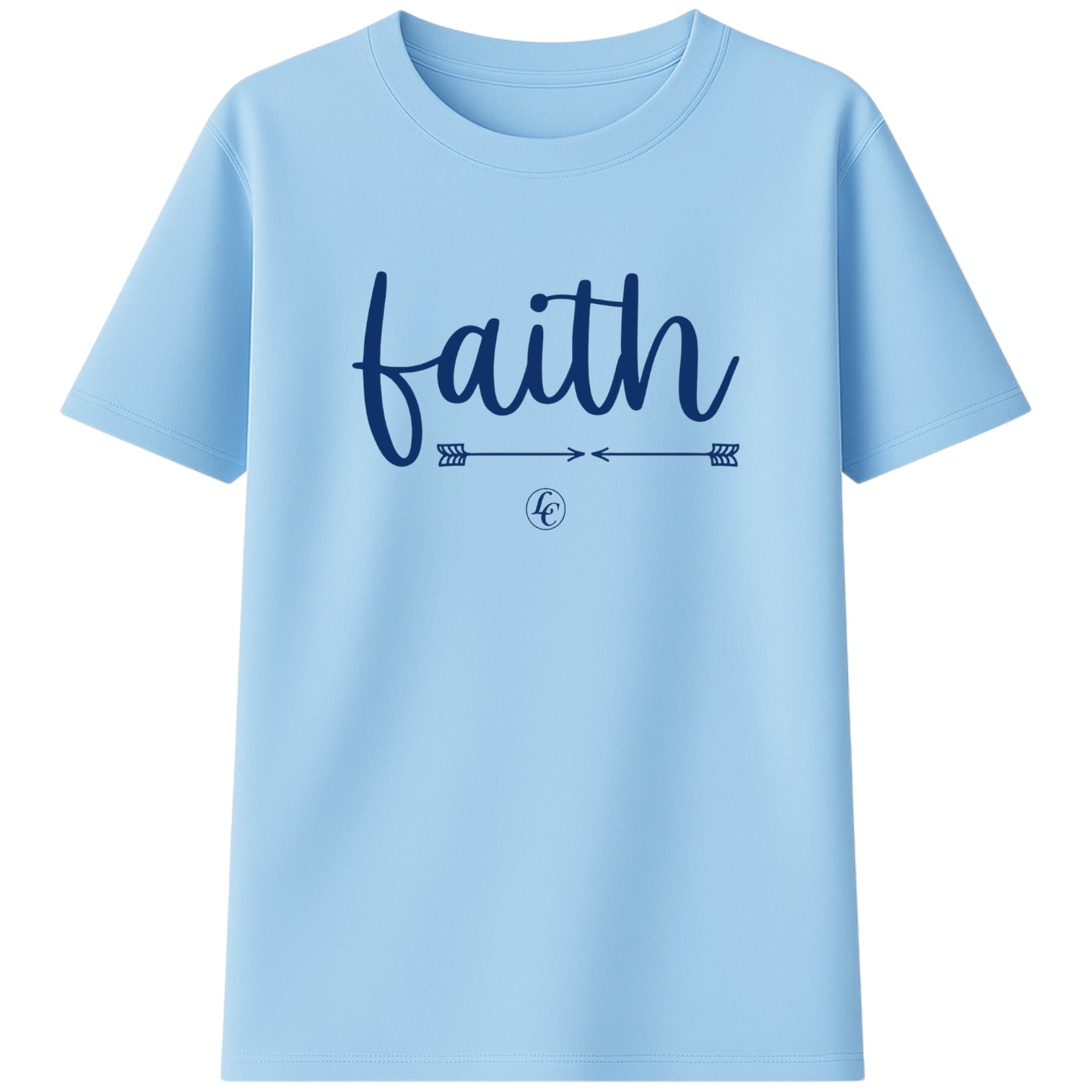 Light blue t-shirt with 'faith' text on a white background
