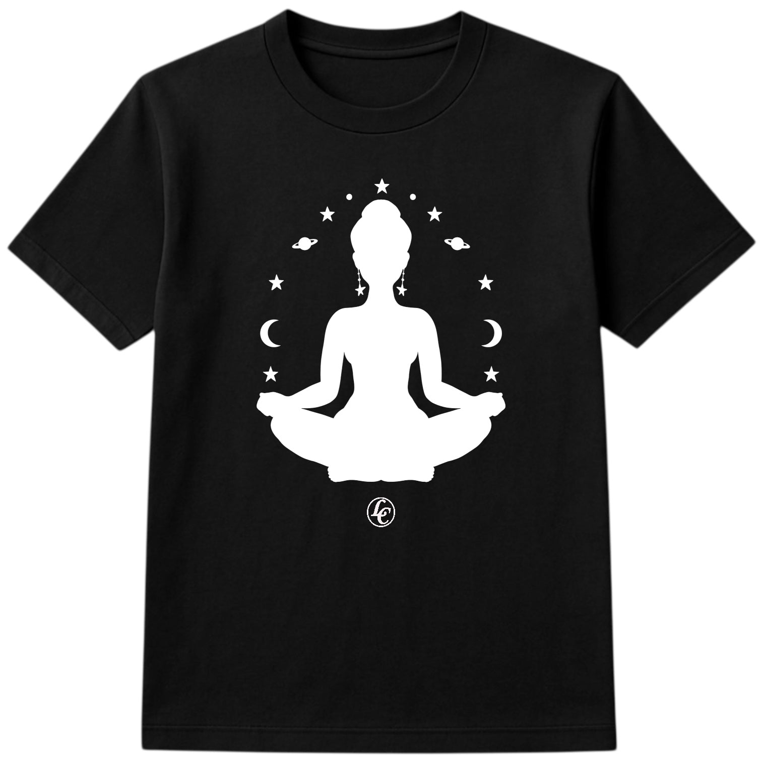 Black t-shirt with a white silhouette of a person in meditation surrounded by stars and moons on a white background.