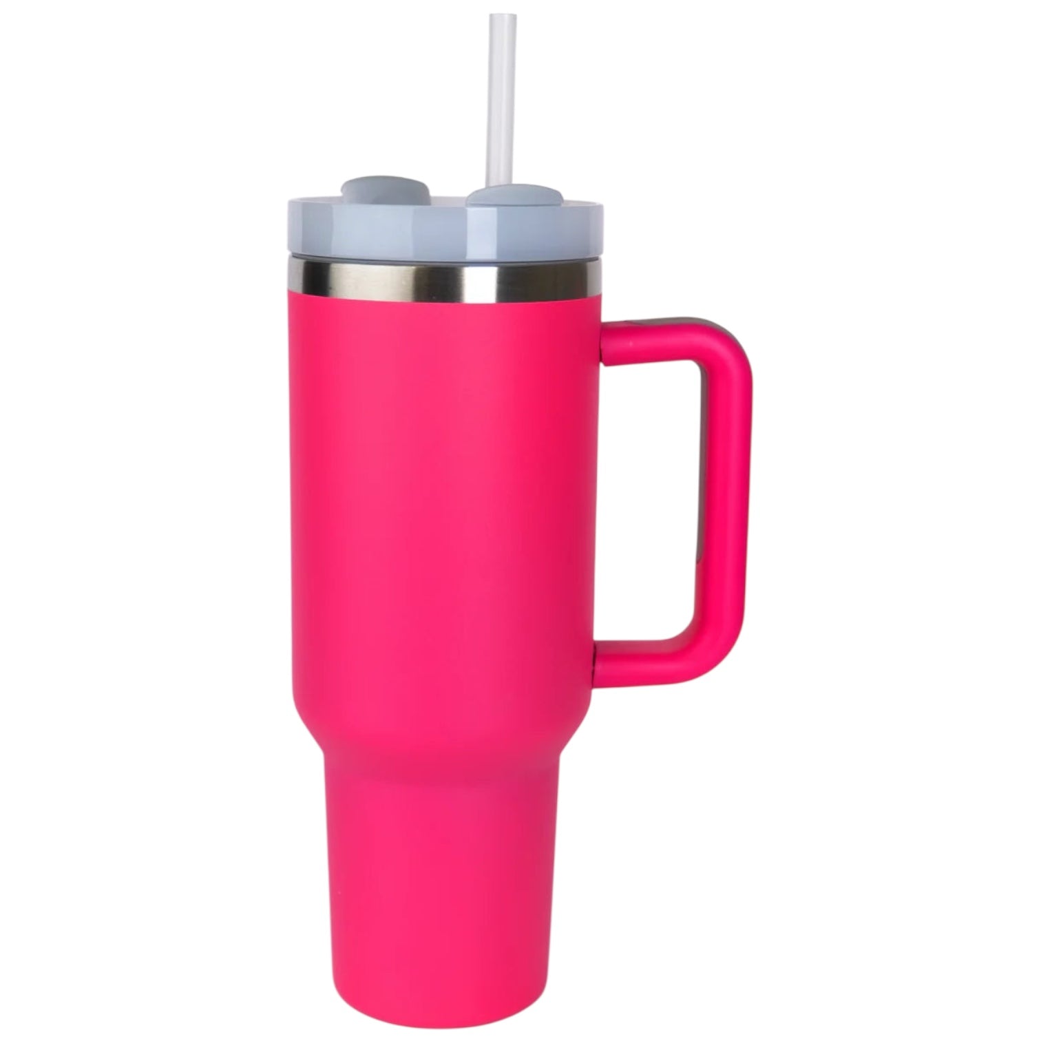 Pink insulated tumbler with a handle and straw on a white background
