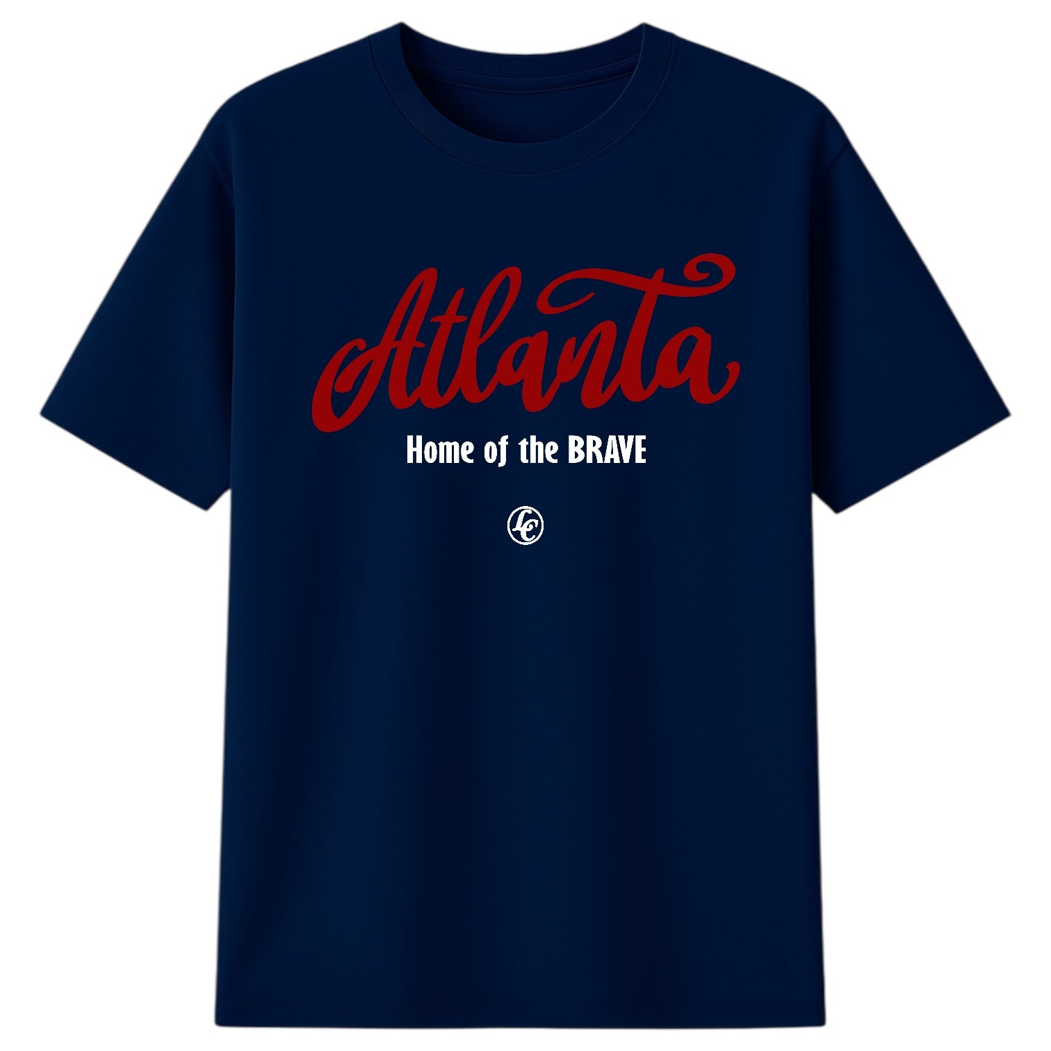 Navy blue t-shirt with red and white text on a white background