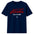 Navy blue t-shirt with red and white text on a white background