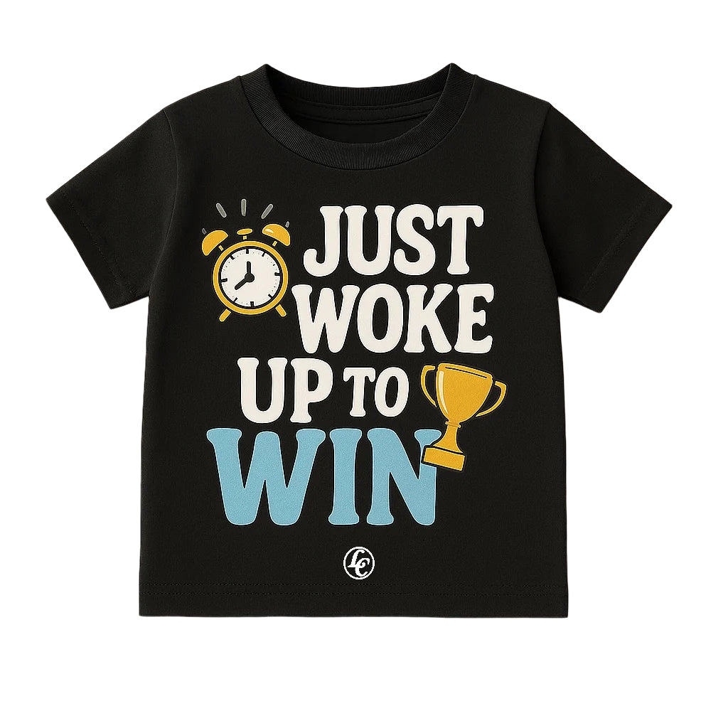 Black t-shirt with motivational text and graphics on a white background