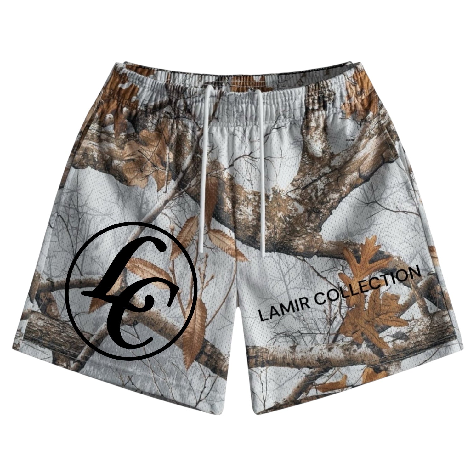 Camouflage shorts with 'Lamir Collection' LC branding on a white background