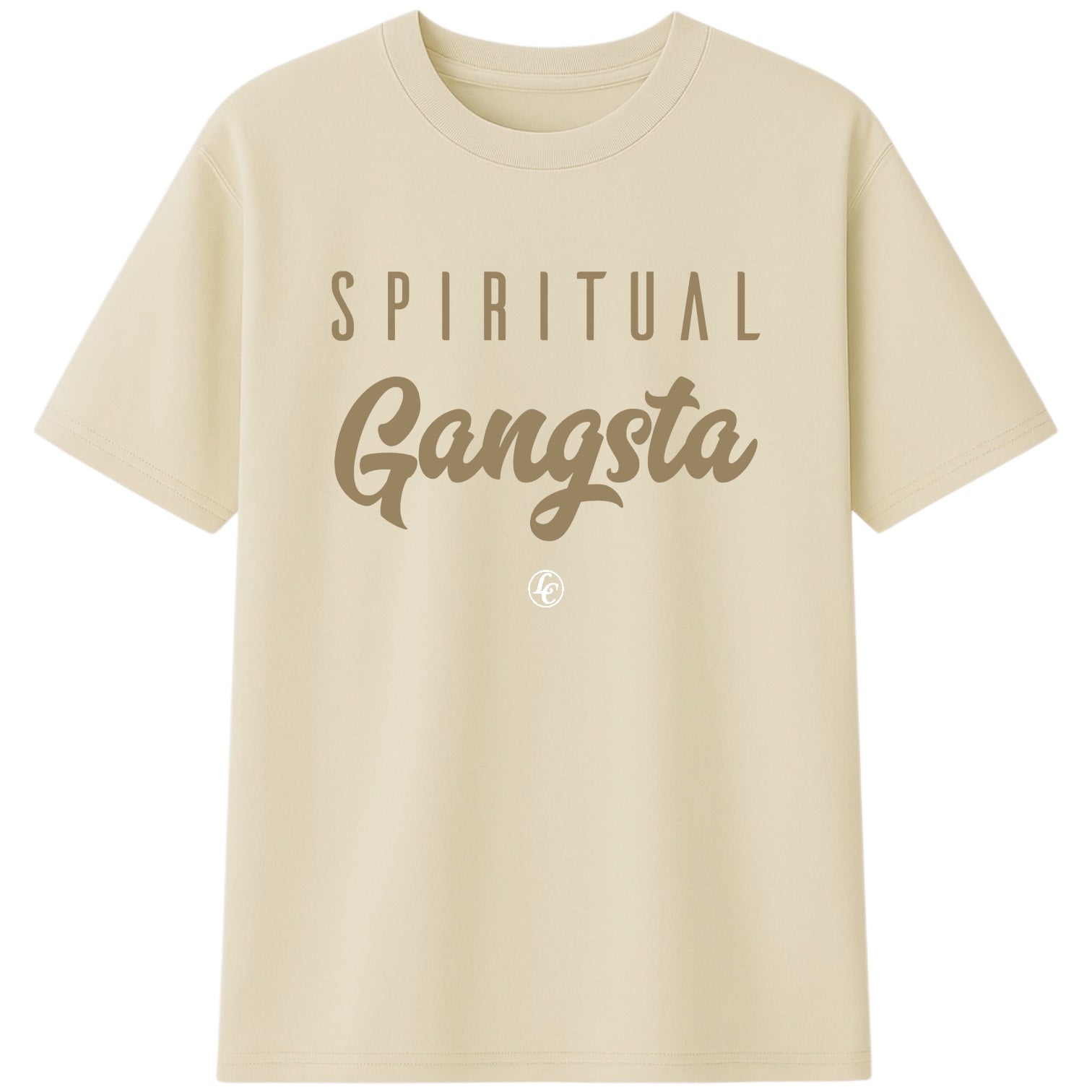Beige t-shirt with 'Spiritual Gangsta' text on a white background