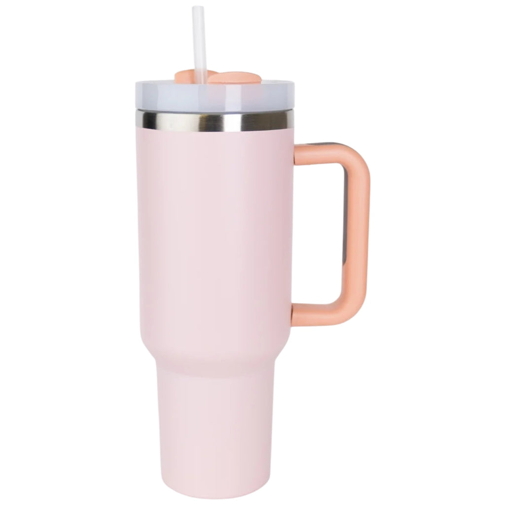 Pink travel mug/tumbler with a handle and straw on a white background