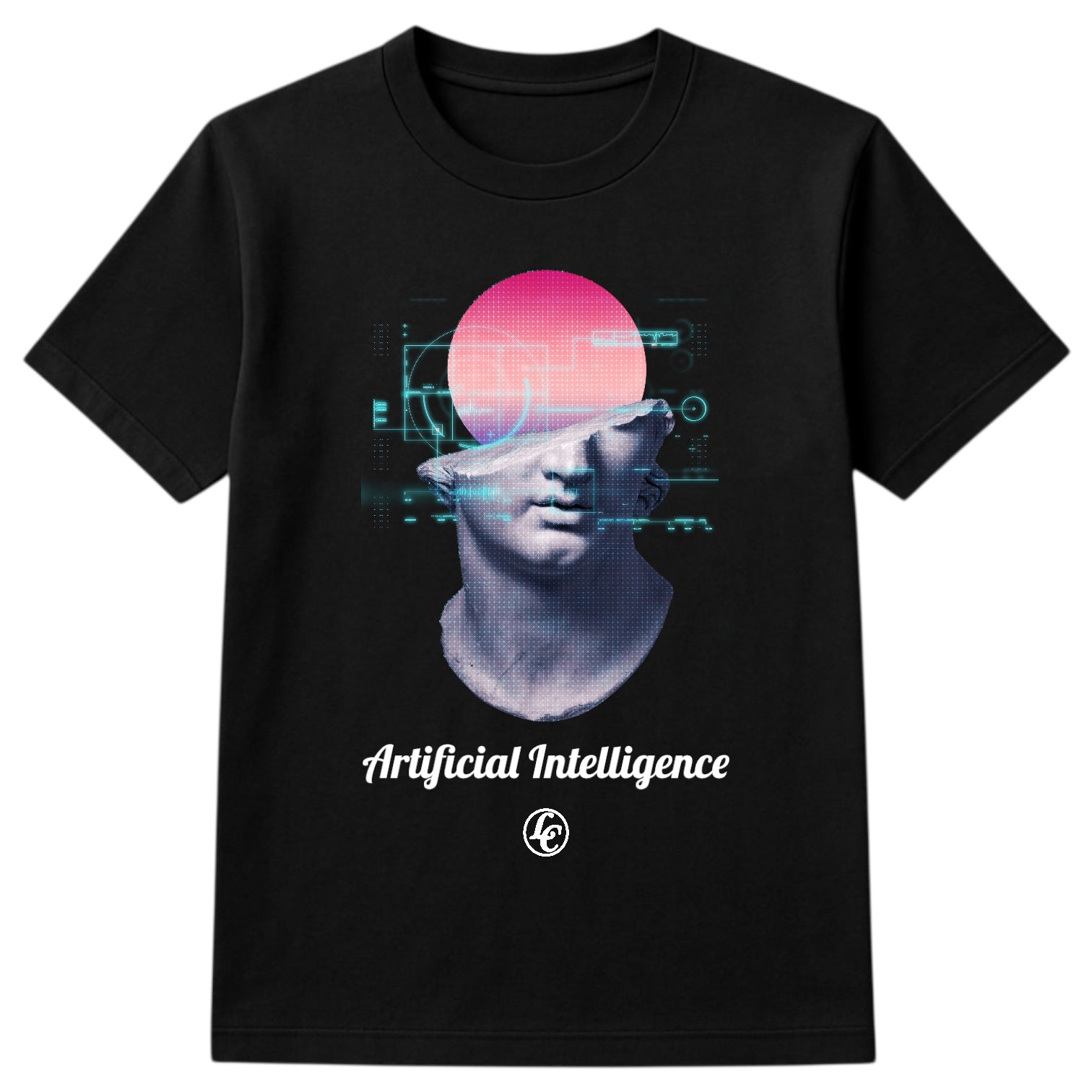 Black t-shirt with a futuristic design featuring a face and 'Artificial Intelligence' text on a white background.