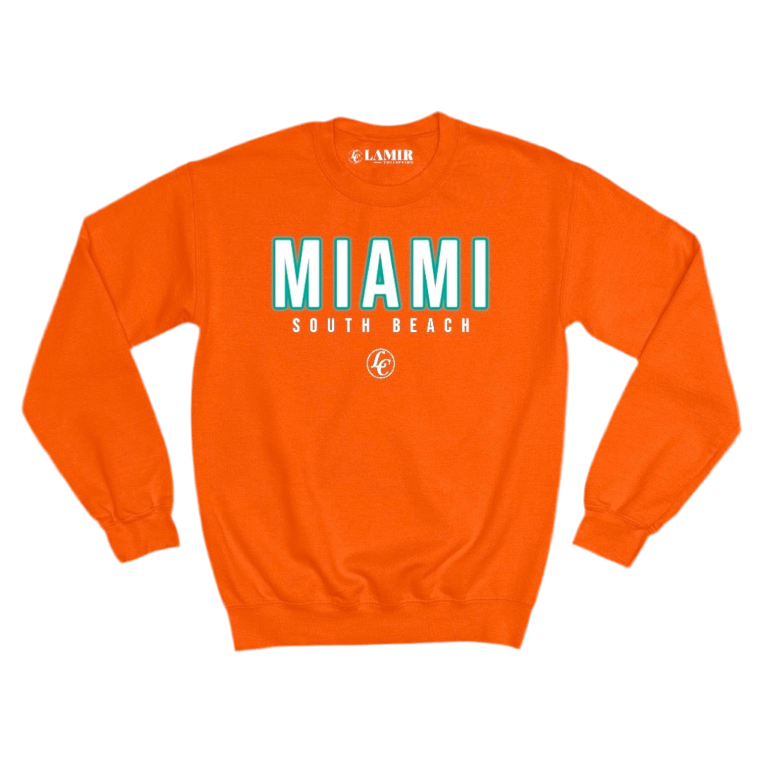 Orange sweatshirt with 'MIAMI SOUTH BEACH' text on a white background