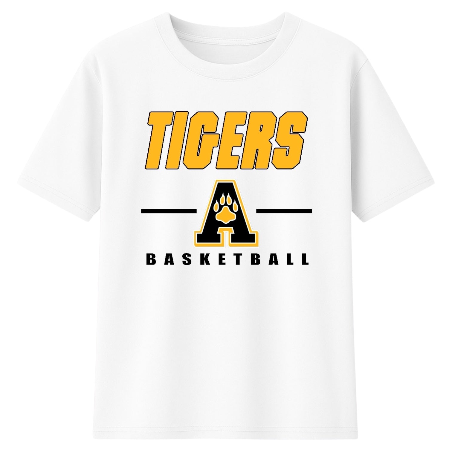 White t-shirt with 'Tigers Basketball' text and logo on a white background