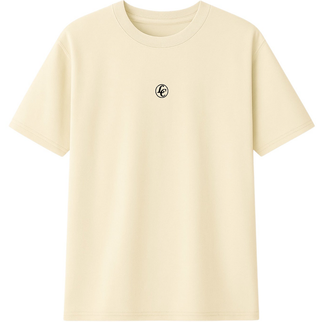 Beige t-shirt with a small logo on the chest against a white background