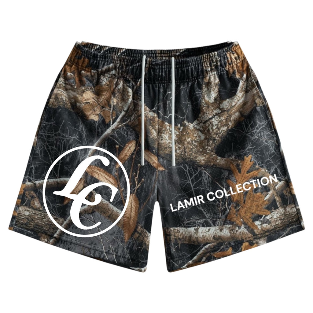 Camouflage shorts with a LC lamir collection logo on a white background