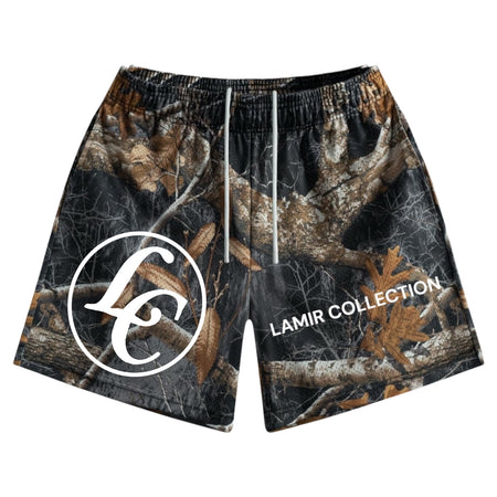 Camouflage shorts with a LC lamir collection logo on a white background