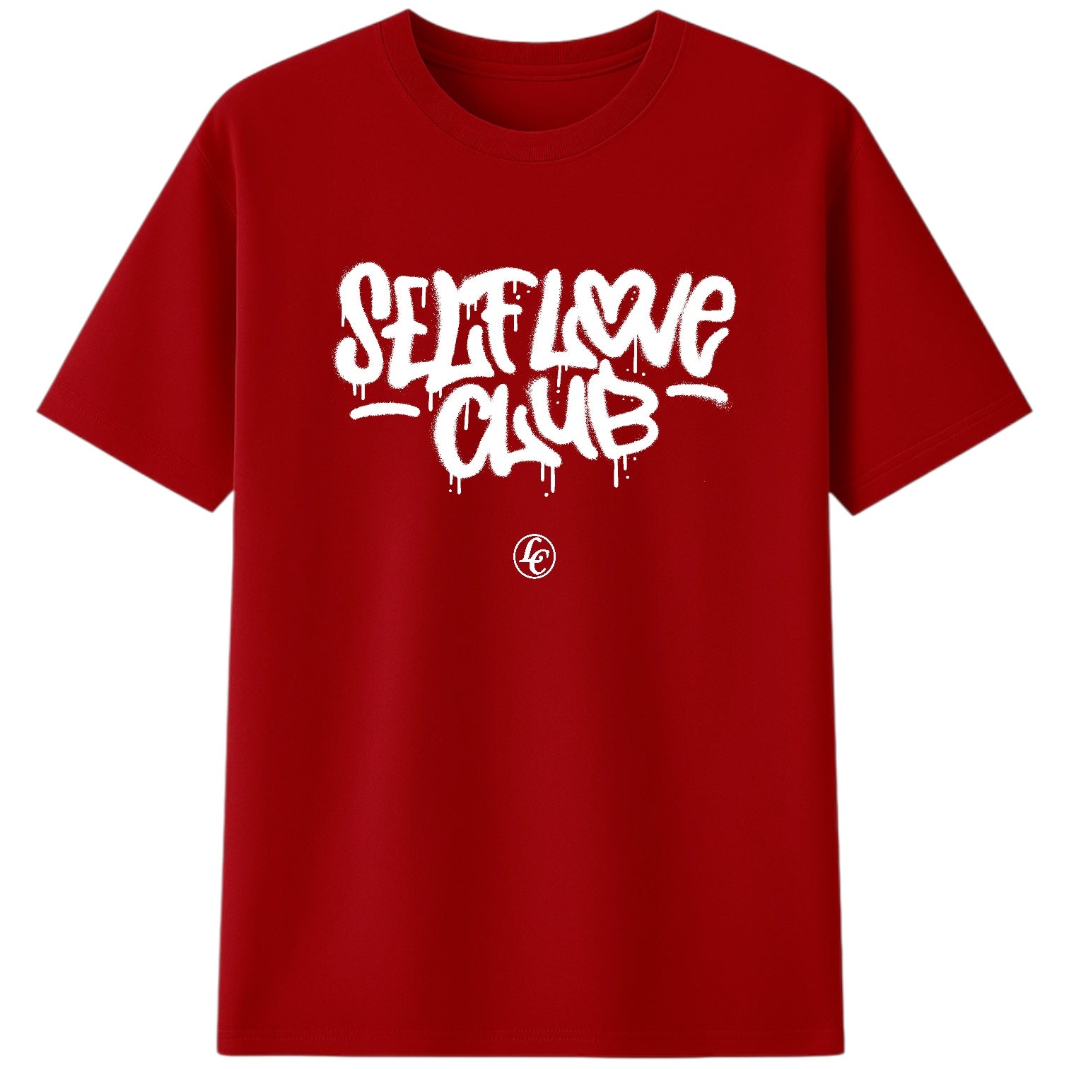 Red t-shirt with 'Self Love Club' text on a white background