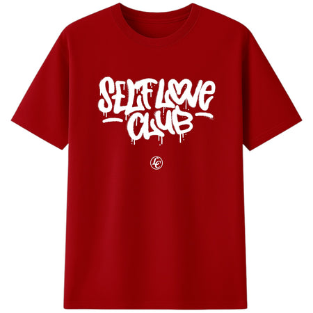 Red t-shirt with 'Self Love Club' text on a white background
