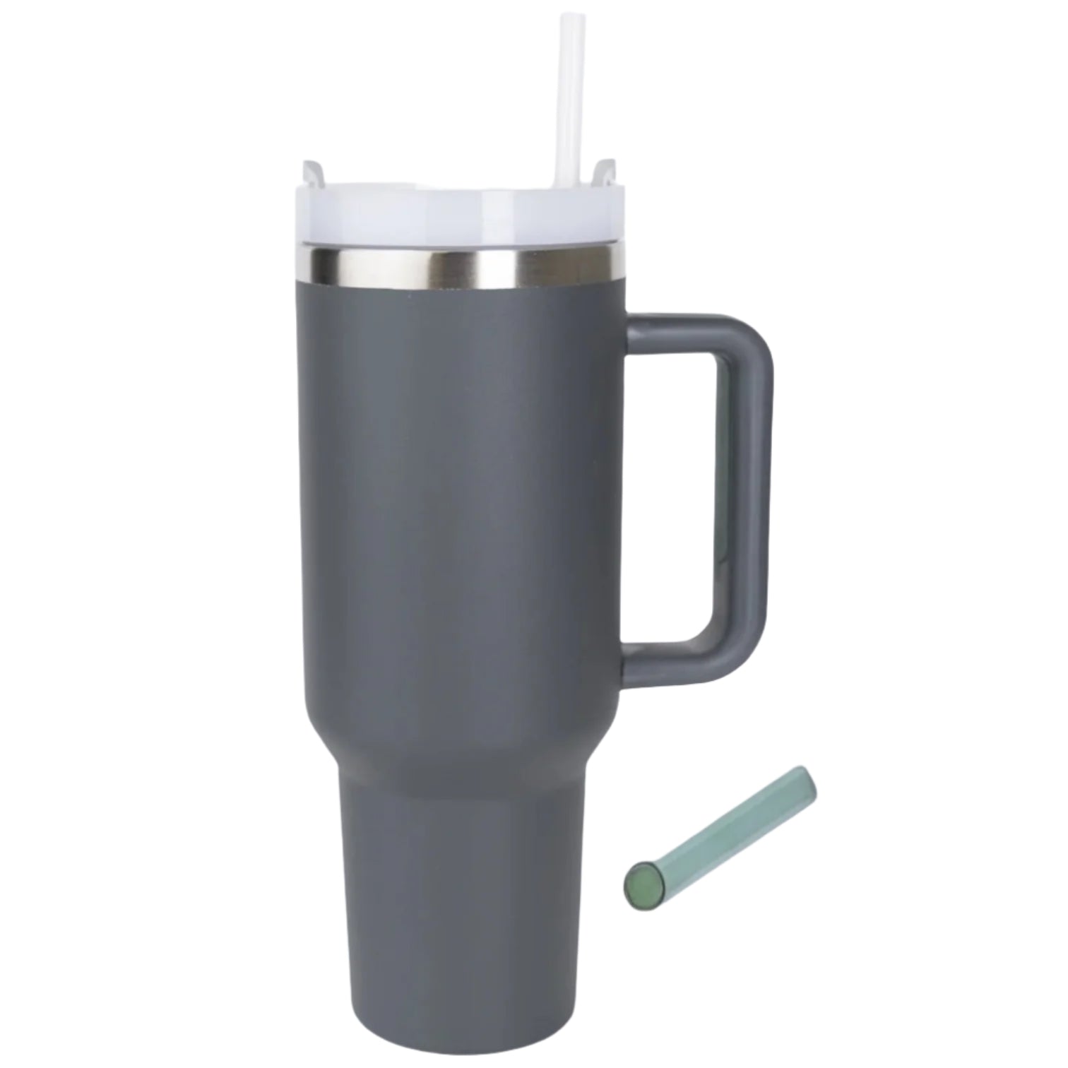 Gray insulated travel mug/tumbler with handle on a white background