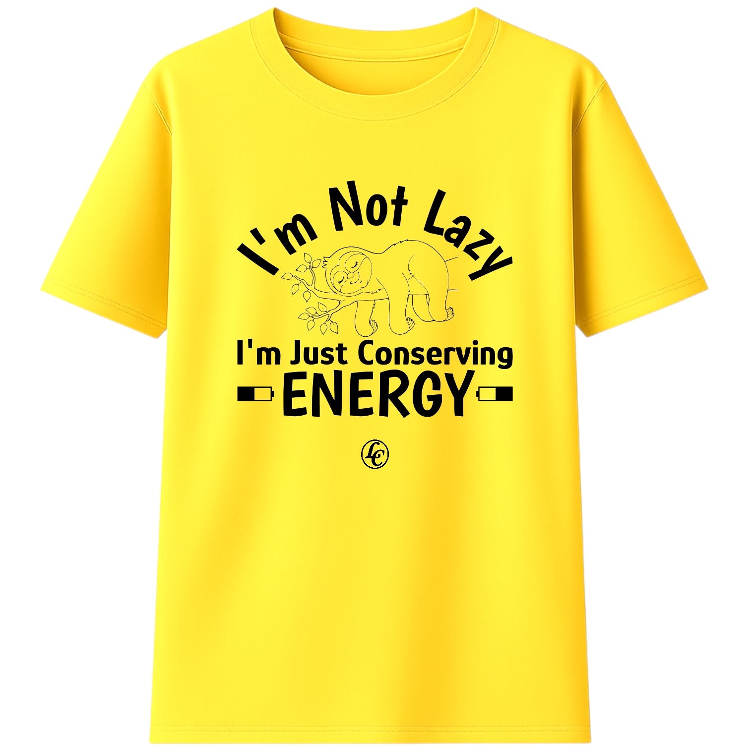 Yellow t-shirt with black text and graphic on a white background