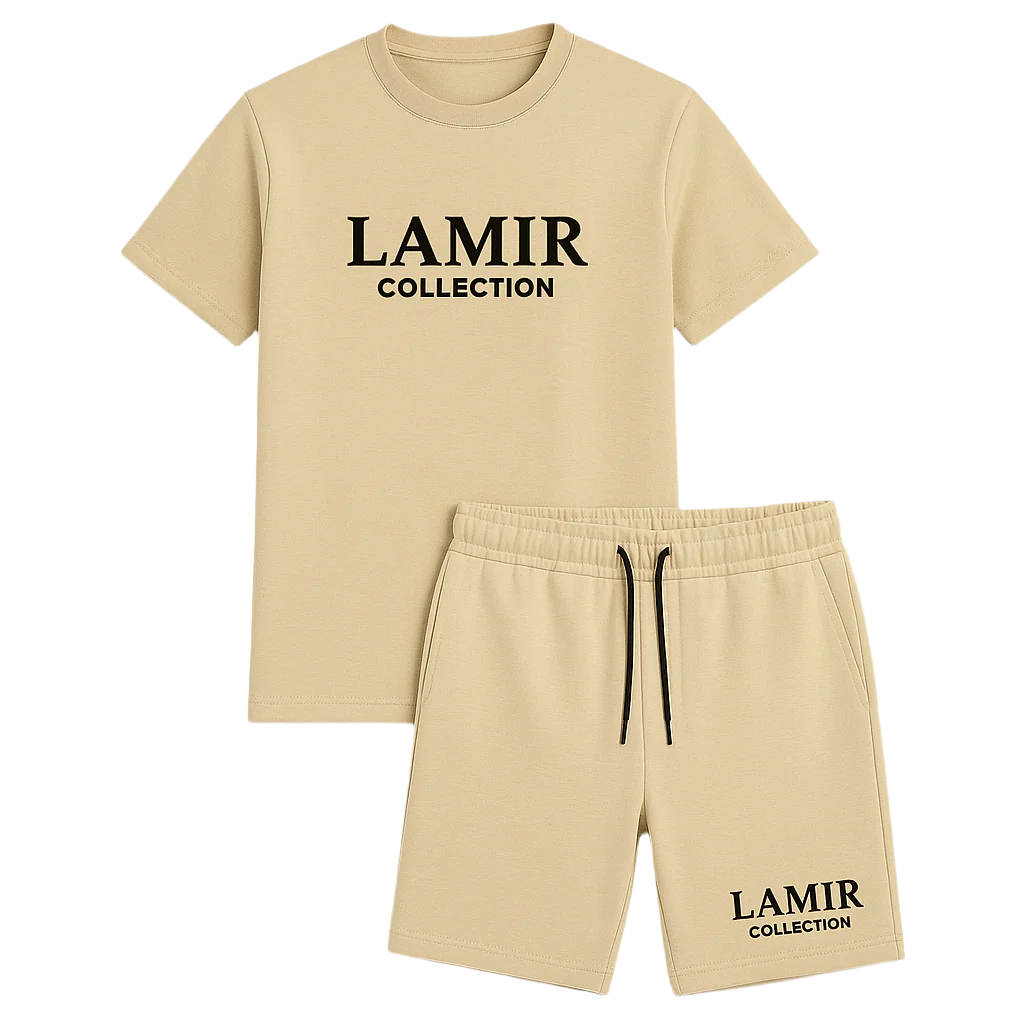 Beige t-shirt and shorts set with 'LAMIR COLLECTION' text on a white background