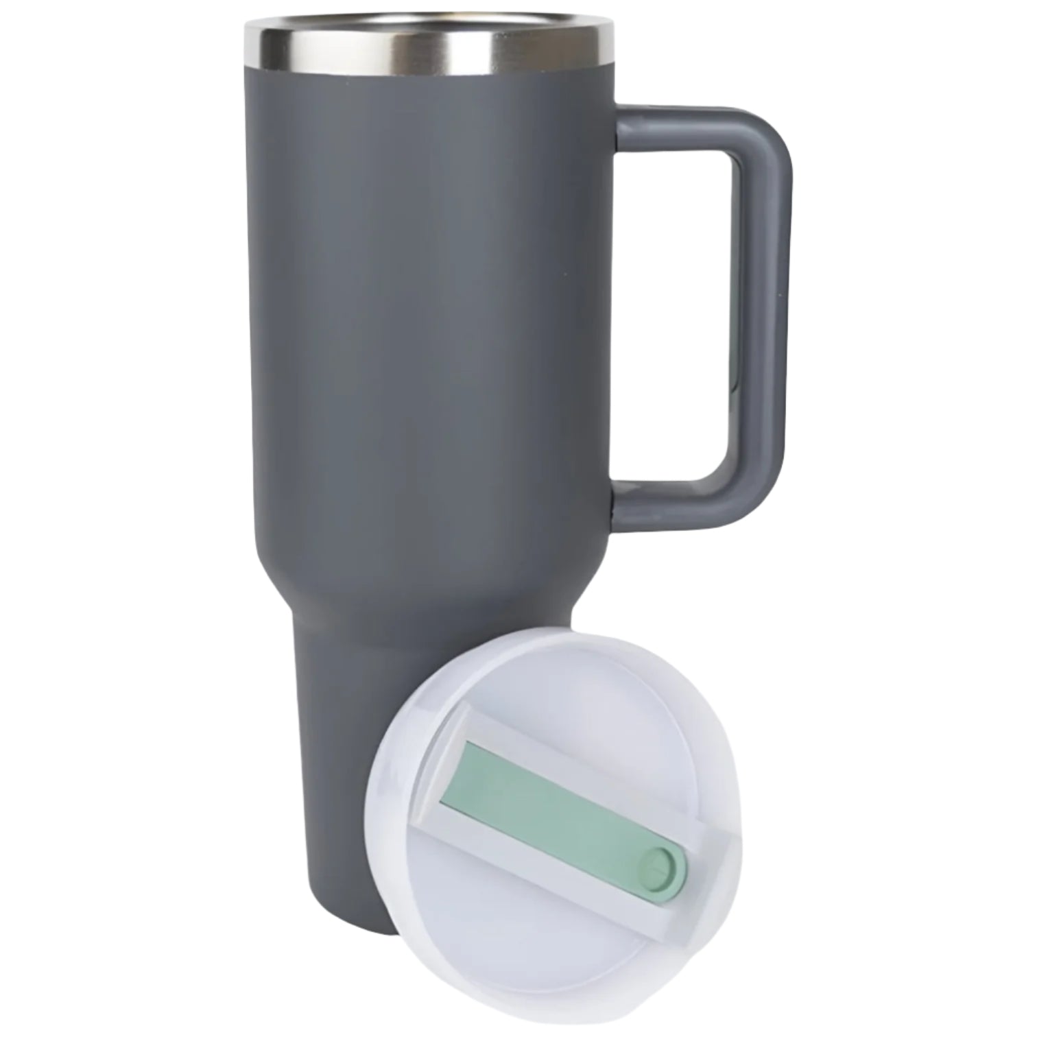 Gray travel mug/tumbler with a lid on a white background