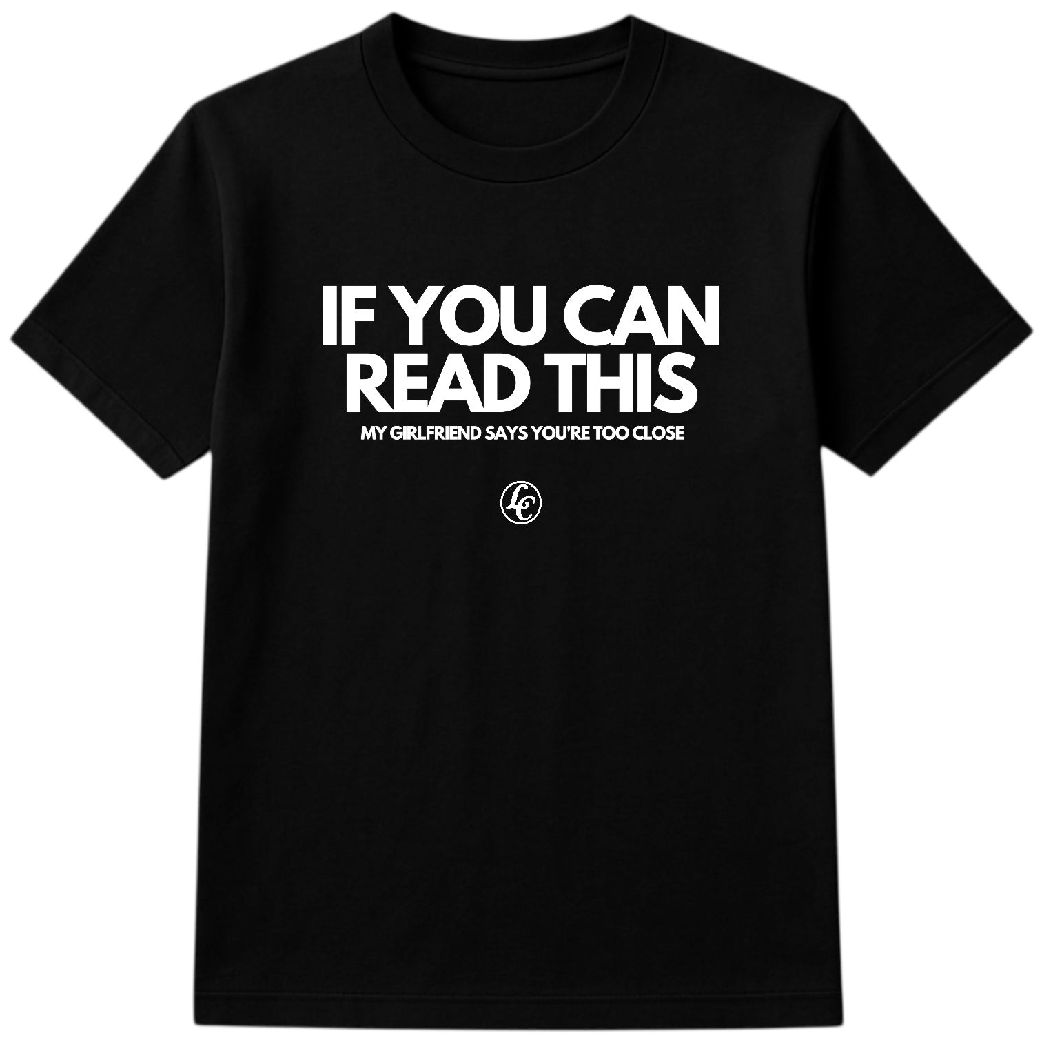 Black t-shirt with white text on a white background