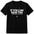 Black t-shirt with white text on a white background