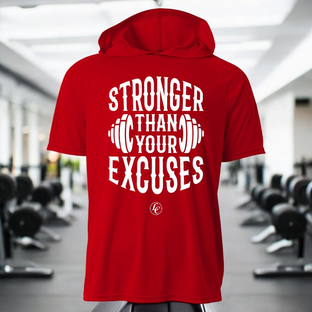 Red Stronger Than Your Excuses Hooded Performance Tee - motivational streetwear apparel by Lamir Collection
