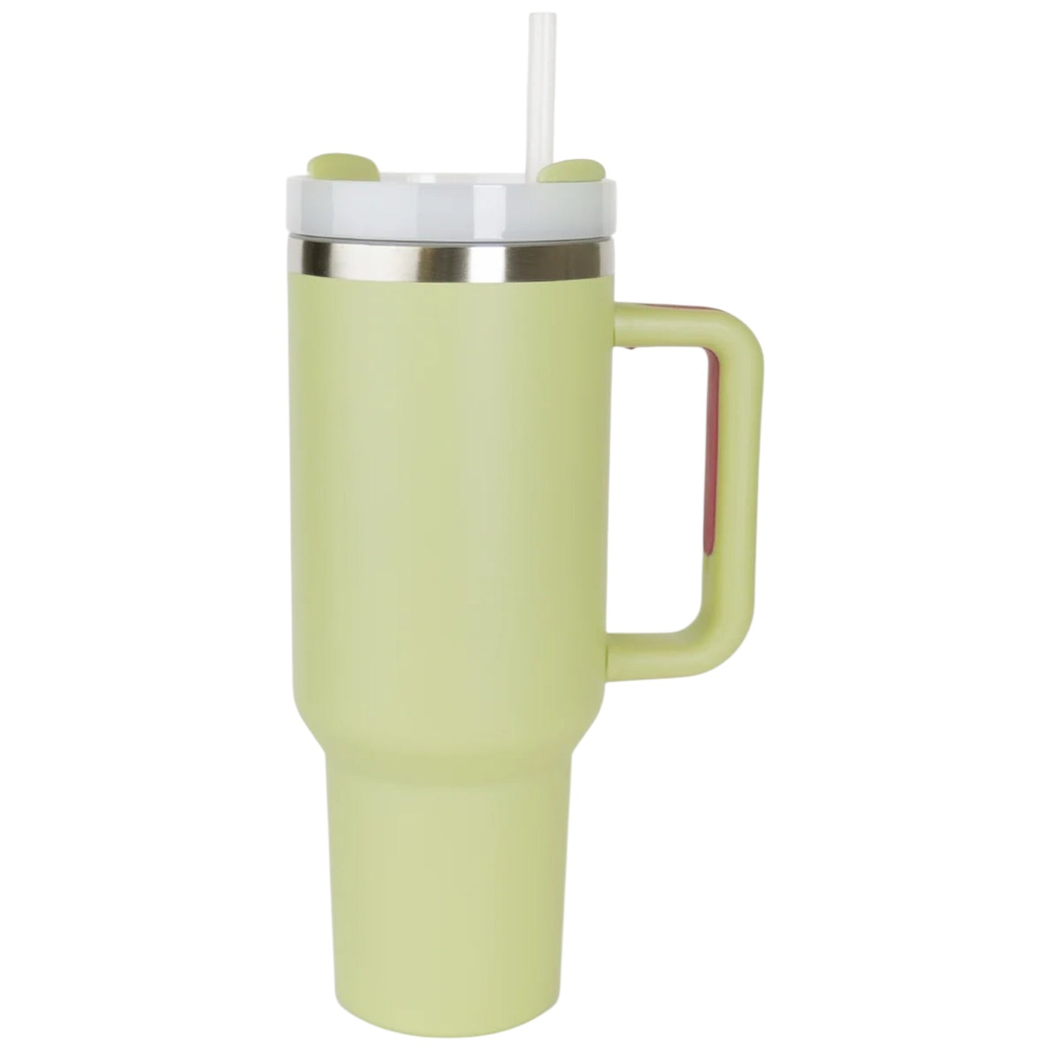 Light green insulated mug/tumbler with handle and straw on a white background