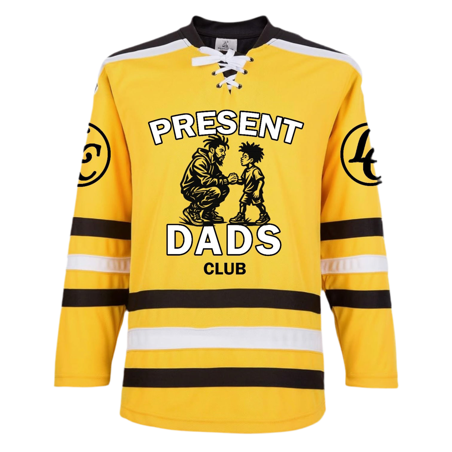 Yellow hockey jersey with 'Present Dads Club' text and graphic on a white background