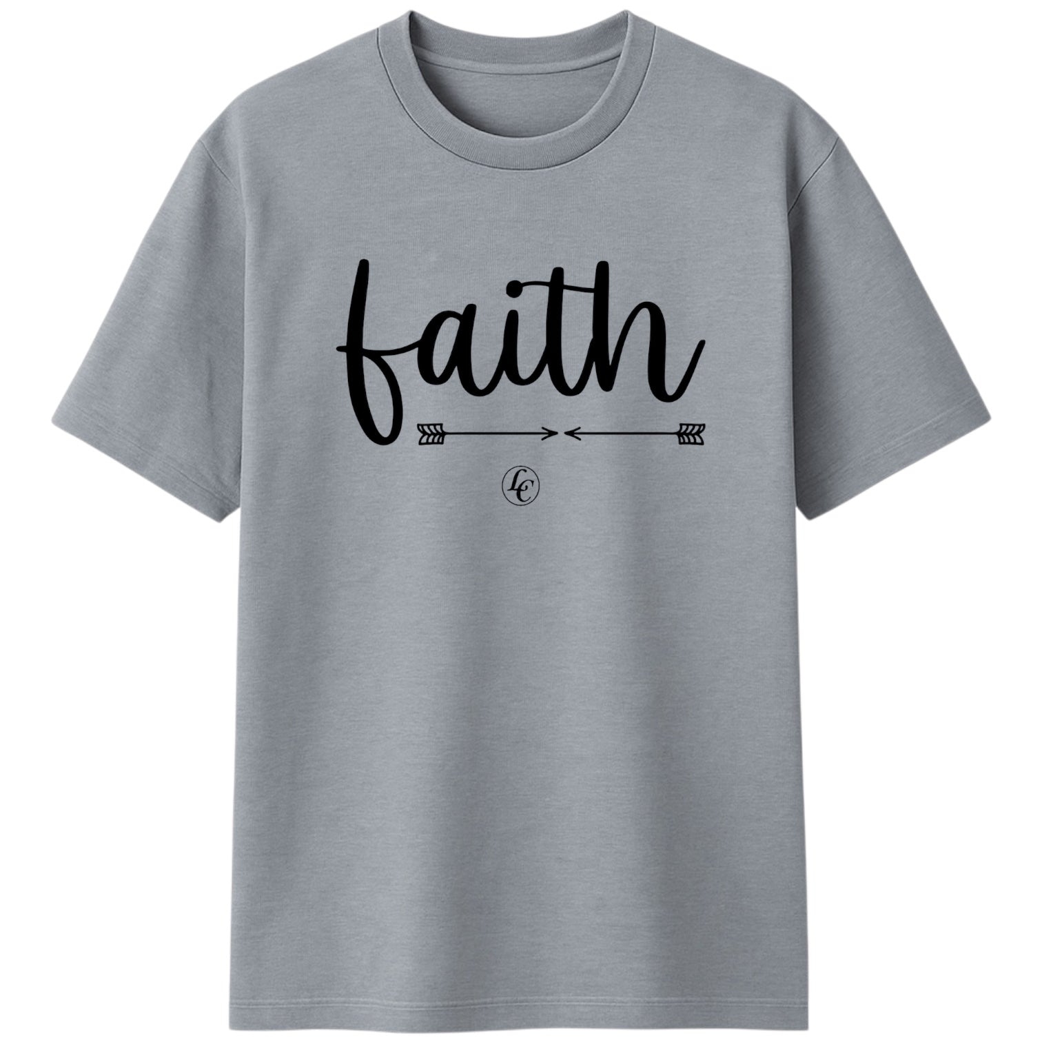 Gray t-shirt with 'faith' text on a white background