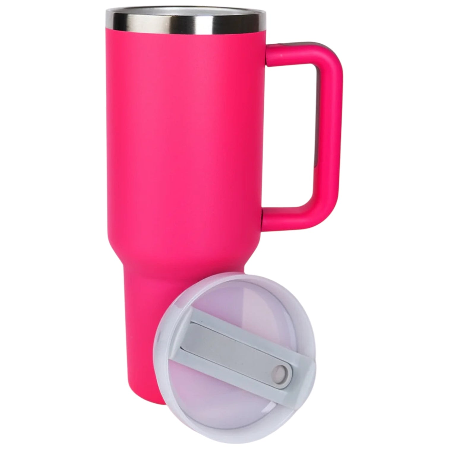 Pink insulated mug/tumbler with handle on a white background