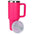 Pink insulated mug/tumbler with handle on a white background