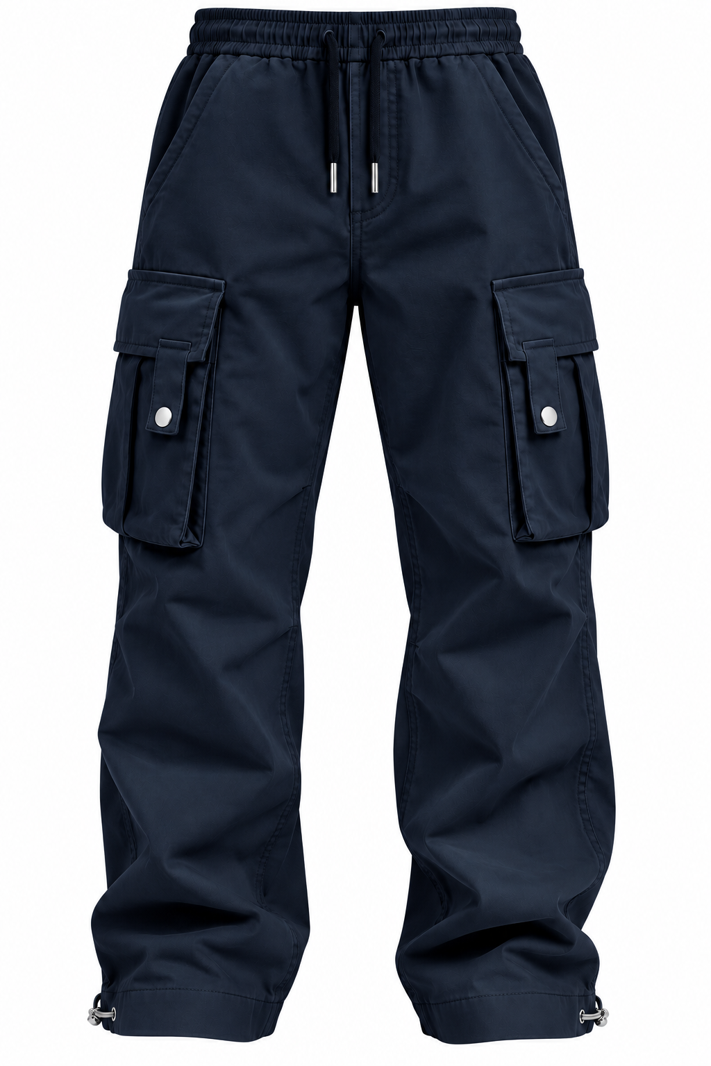 Navy blue cargo pants with an elastic waistband, drawstring, and large side cargo pockets with snap buttons, shown against a plain white background.