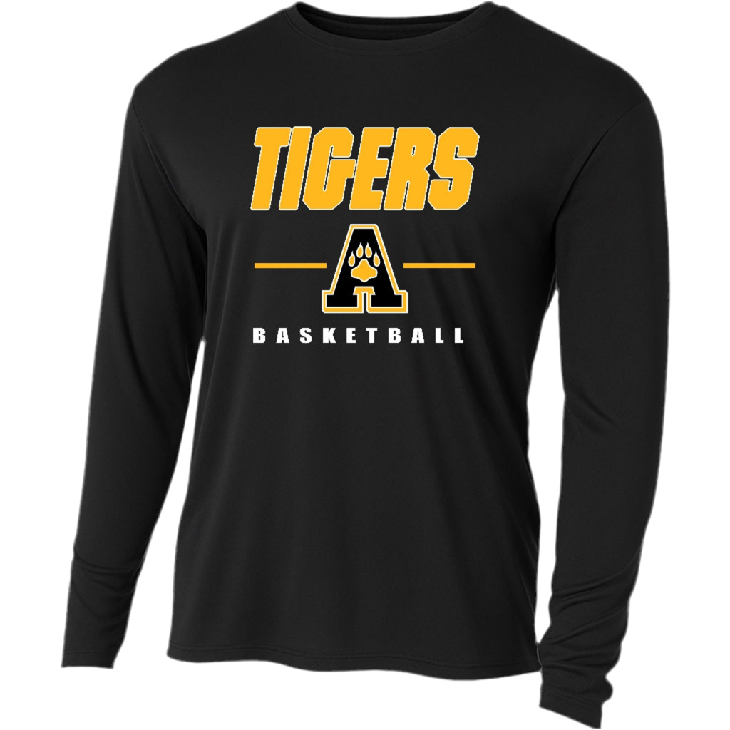 Black long-sleeve shirt with 'Tigers Basketball' text and logo on a white background