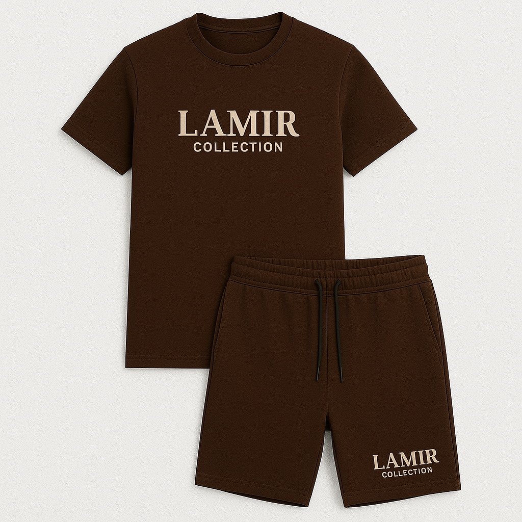 Brown t-shirt and shorts set with 'LAMIR COLLECTION' text on a white background