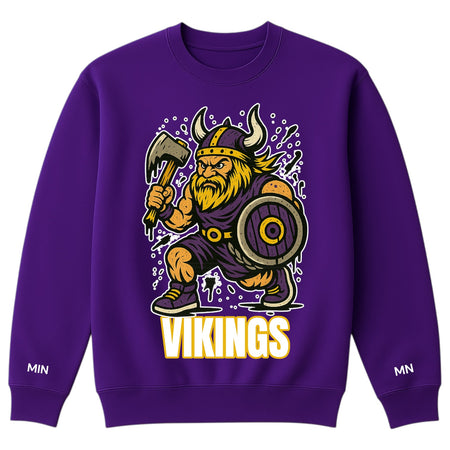 Purple sweatshirt with Viking graphic and 'Vikings' text on a white background