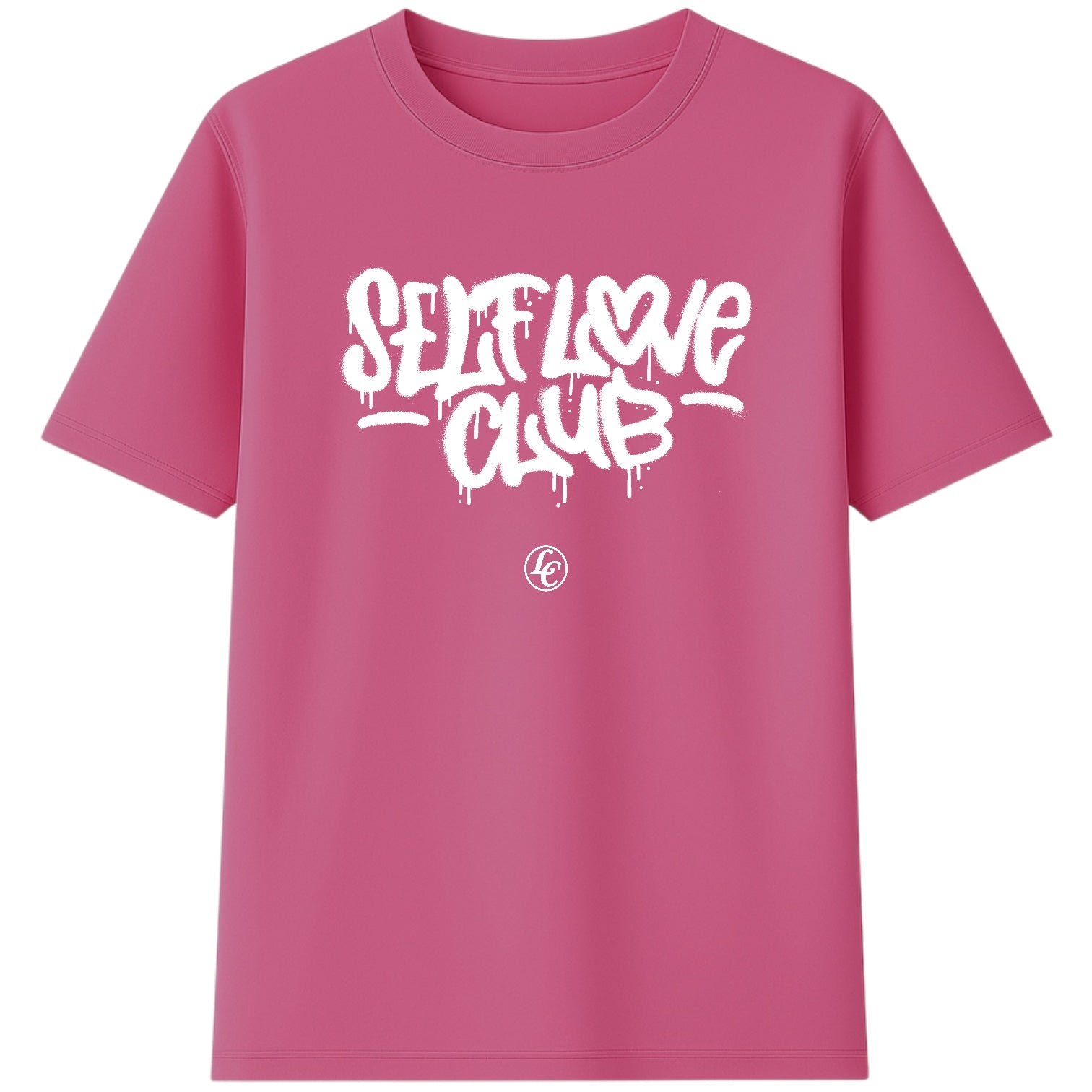 Pink t-shirt with 'Self Love Club' text on a white background