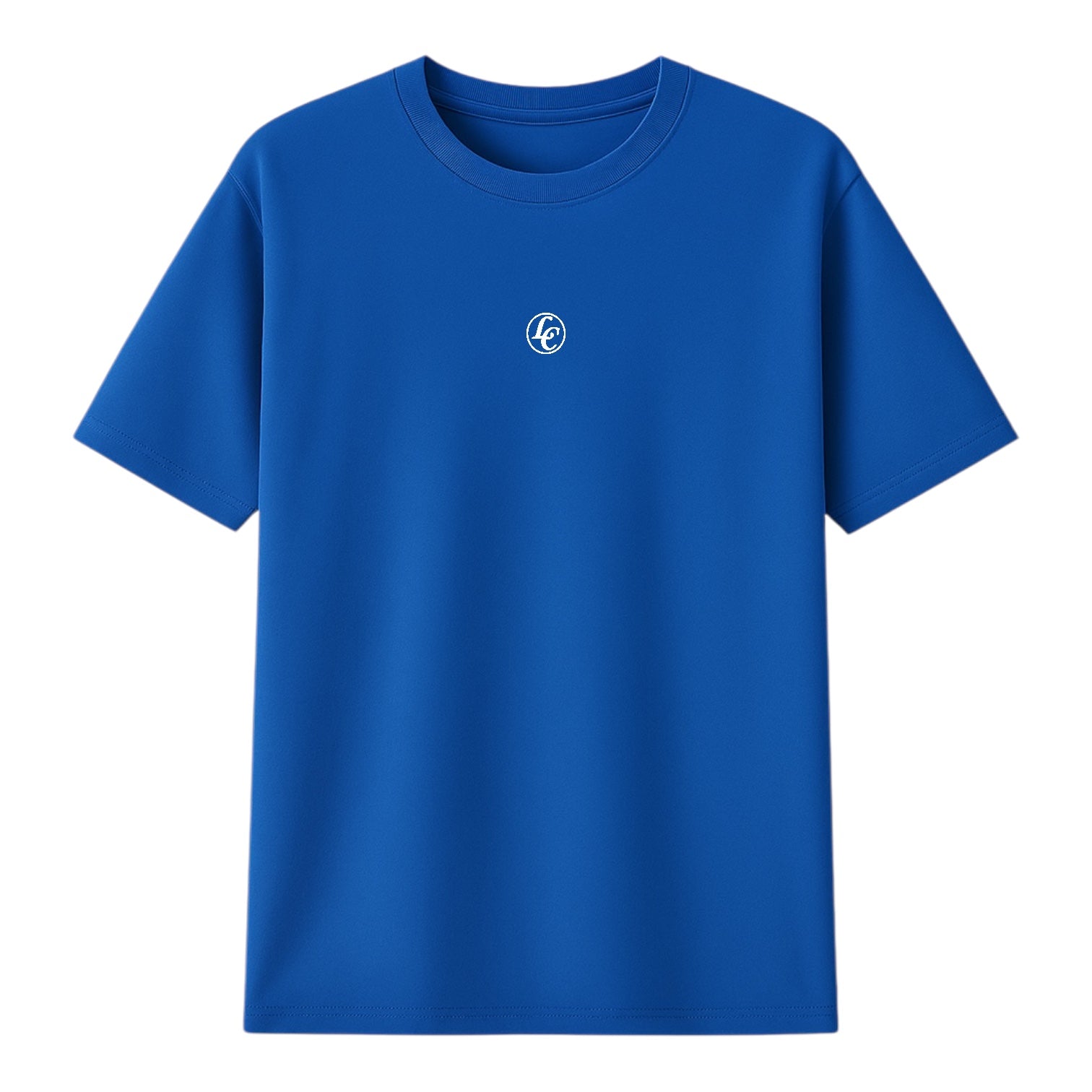 Blue t-shirt with a small white logo on a white background