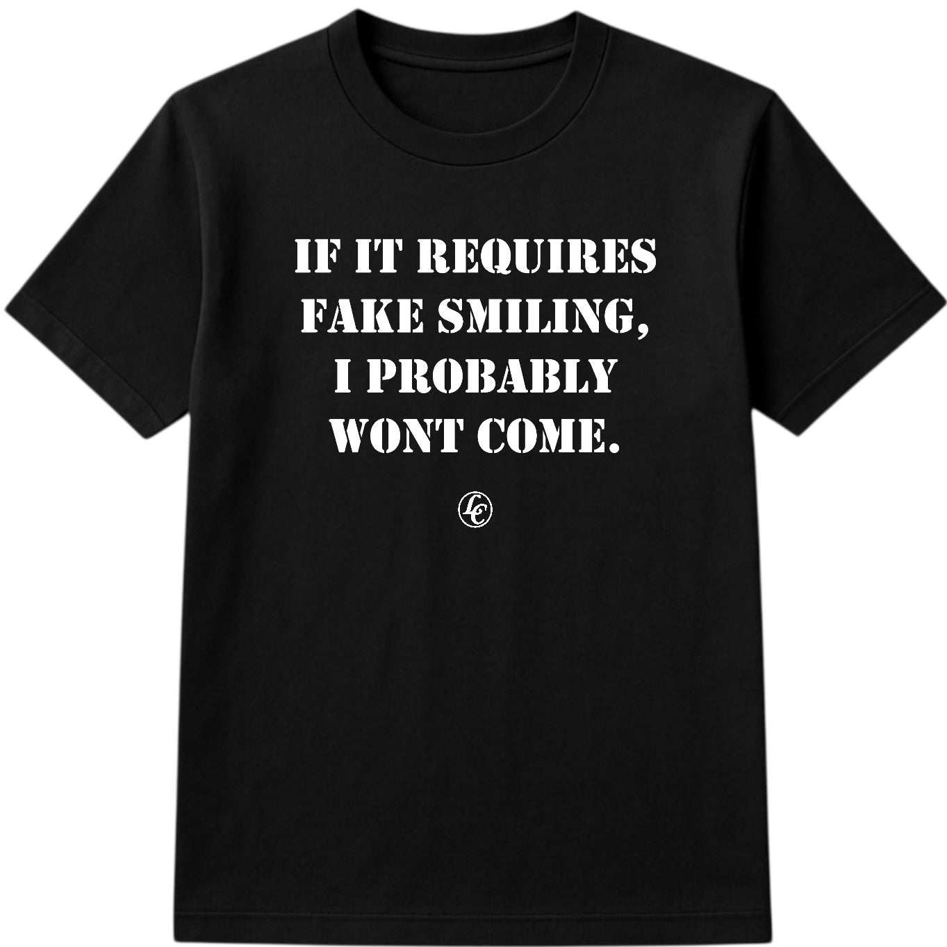 Black t-shirt with white text on a white background